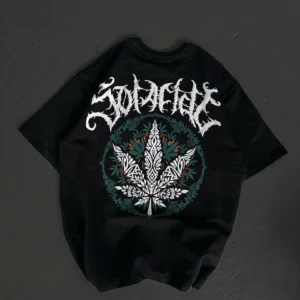 Alternative view of Unisex Bisiklet Yaka Baskılı Oversize T-Shirt - Siyah