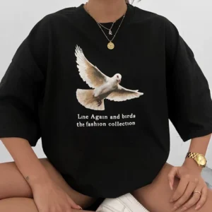 Unisex Bisiklet Yaka Baskılı Oversize T-Shirt - Siyah