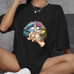 Unisex Bisiklet Yaka Baskılı Oversize T-Shirt - Siyah