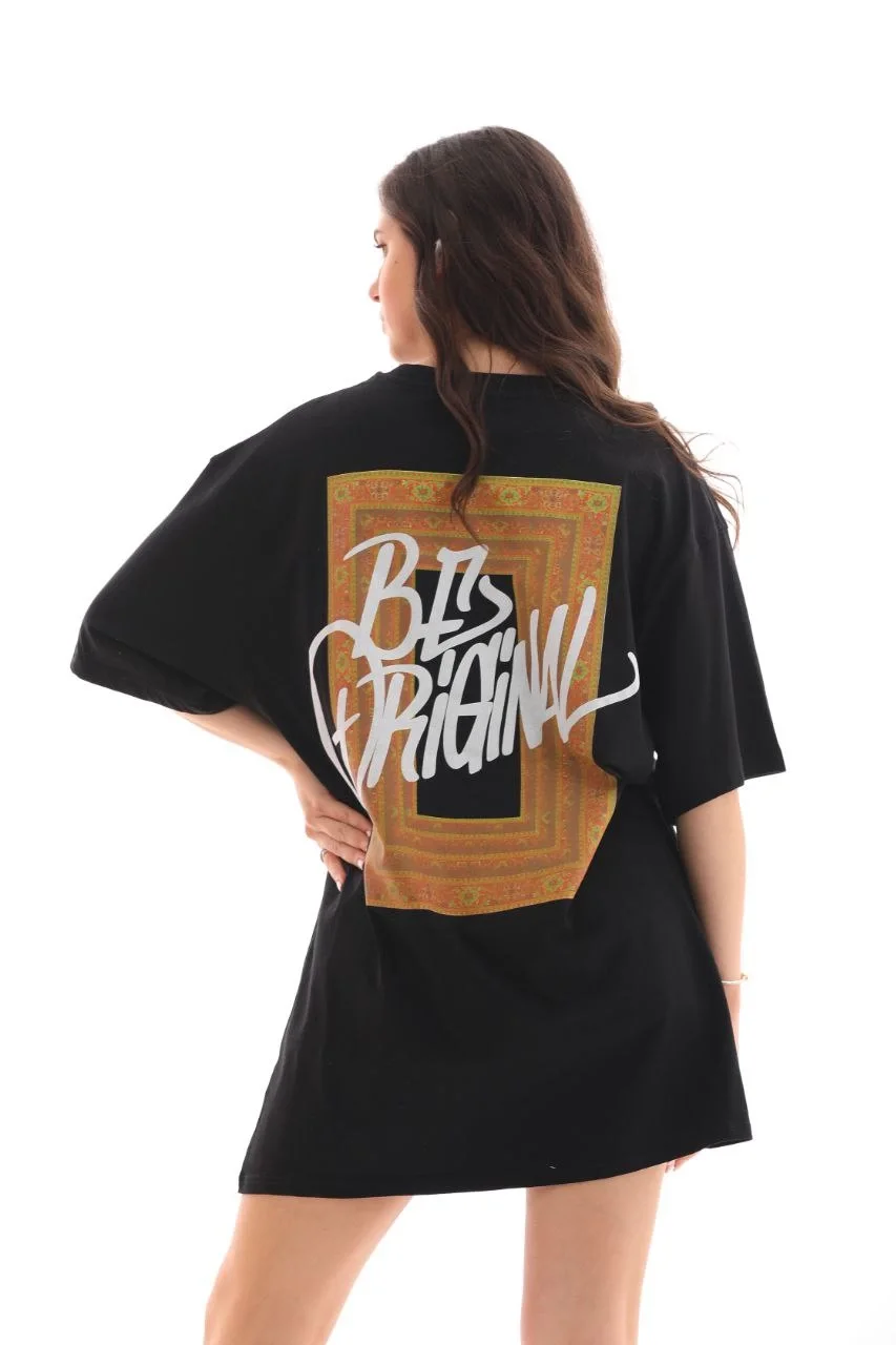 Unisex Bisiklet Yaka Baskılı Oversize T-Shirt - Siyah - Görsel 7