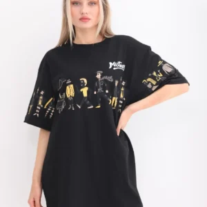 Alternative view of Unisex Bisiklet Yaka Baskılı Oversize T-Shirt - Siyah