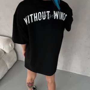 Alternative view of Unisex Bisiklet Yaka Baskılı Oversize T-Shirt - Siyah