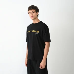 Alternative view of Unisex Bisiklet Yaka Baskılı Oversize T-Shirt - Siyah