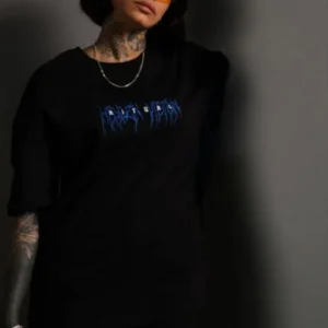 Unisex Bisiklet Yaka Baskılı Oversize T-Shirt - Siyah