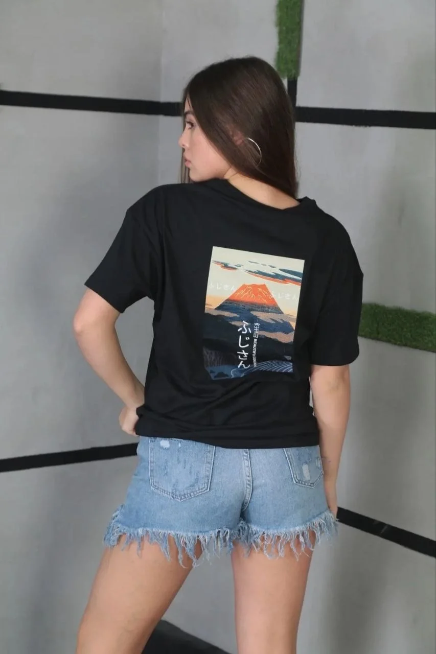 Unisex Bisiklet Yaka Baskılı Oversize T-Shirt - Siyah - Görsel 2