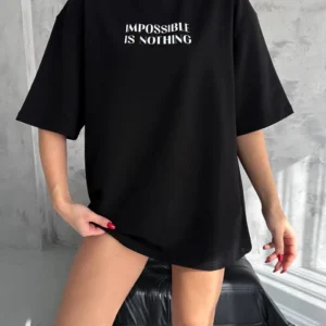 Unisex Bisiklet Yaka Baskılı Oversize T-Shirt - Siyah