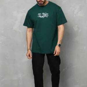 Unisex Bisiklet Yaka Baskılı Oversize T-Shirt - Yeşil