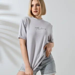 Alternative view of Unisex Bisiklet Yaka Baskılı Slim Fit T-Shirt - Boyalı Gri