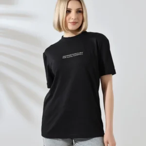 Unisex Bisiklet Yaka Baskılı Slim Fit T-Shirt - Siyah