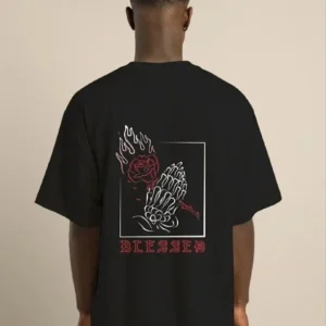 Alternative view of Unisex Bisiklet Yaka Oversize Baskılı T-Shirt - Siyah