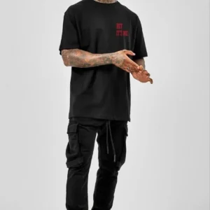 Alternative view of Unisex Bisiklet Yaka Oversize Baskılı T-Shirt - Siyah