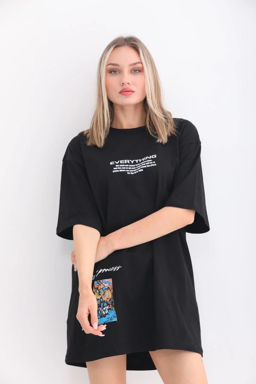 Unisex Bisiklet Yaka Baskılı Oversize T-Shirt - Siyah - Görsel 4