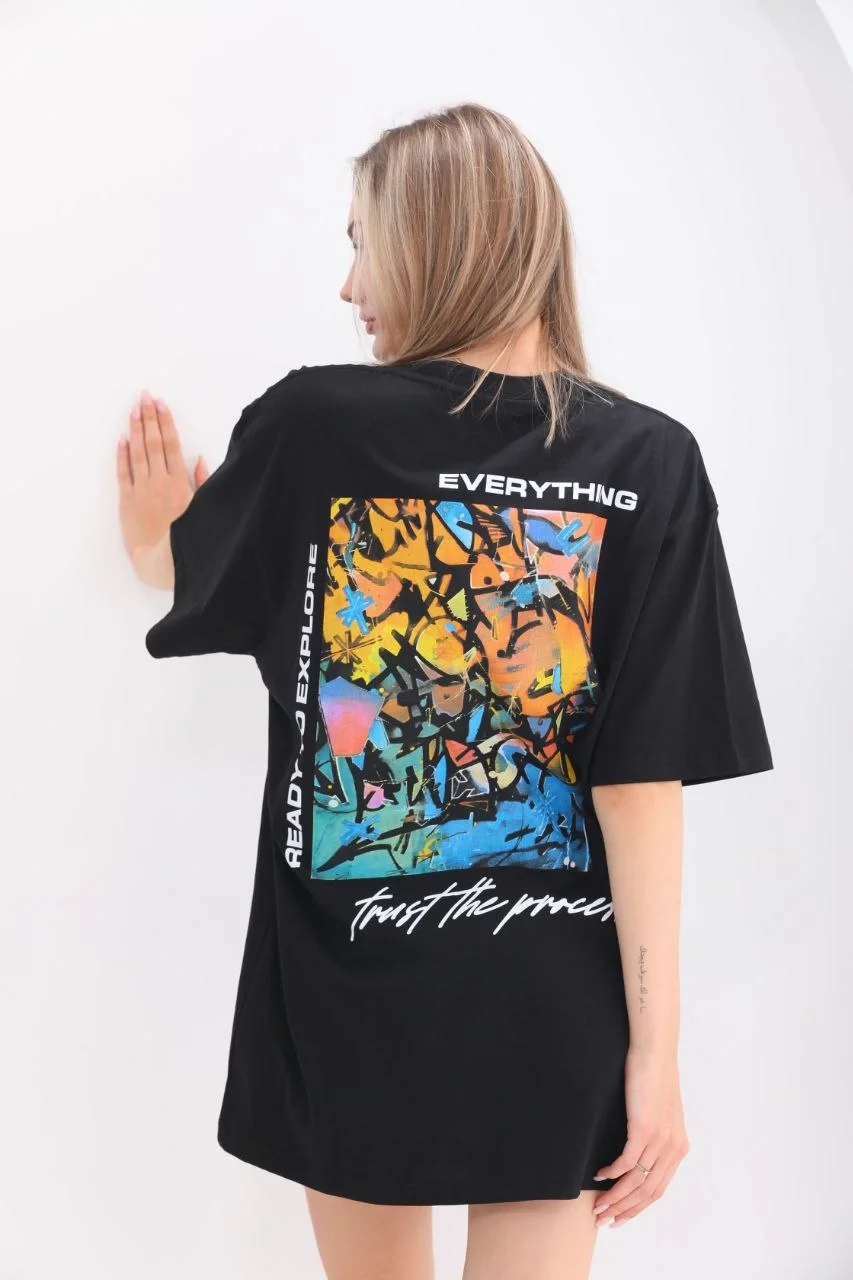 Unisex Bisiklet Yaka Baskılı Oversize T-Shirt - Siyah - Görsel 8