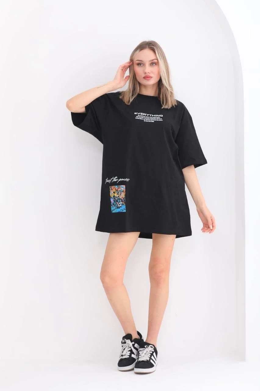 Unisex Bisiklet Yaka Baskılı Oversize T-Shirt - Siyah - Görsel 5