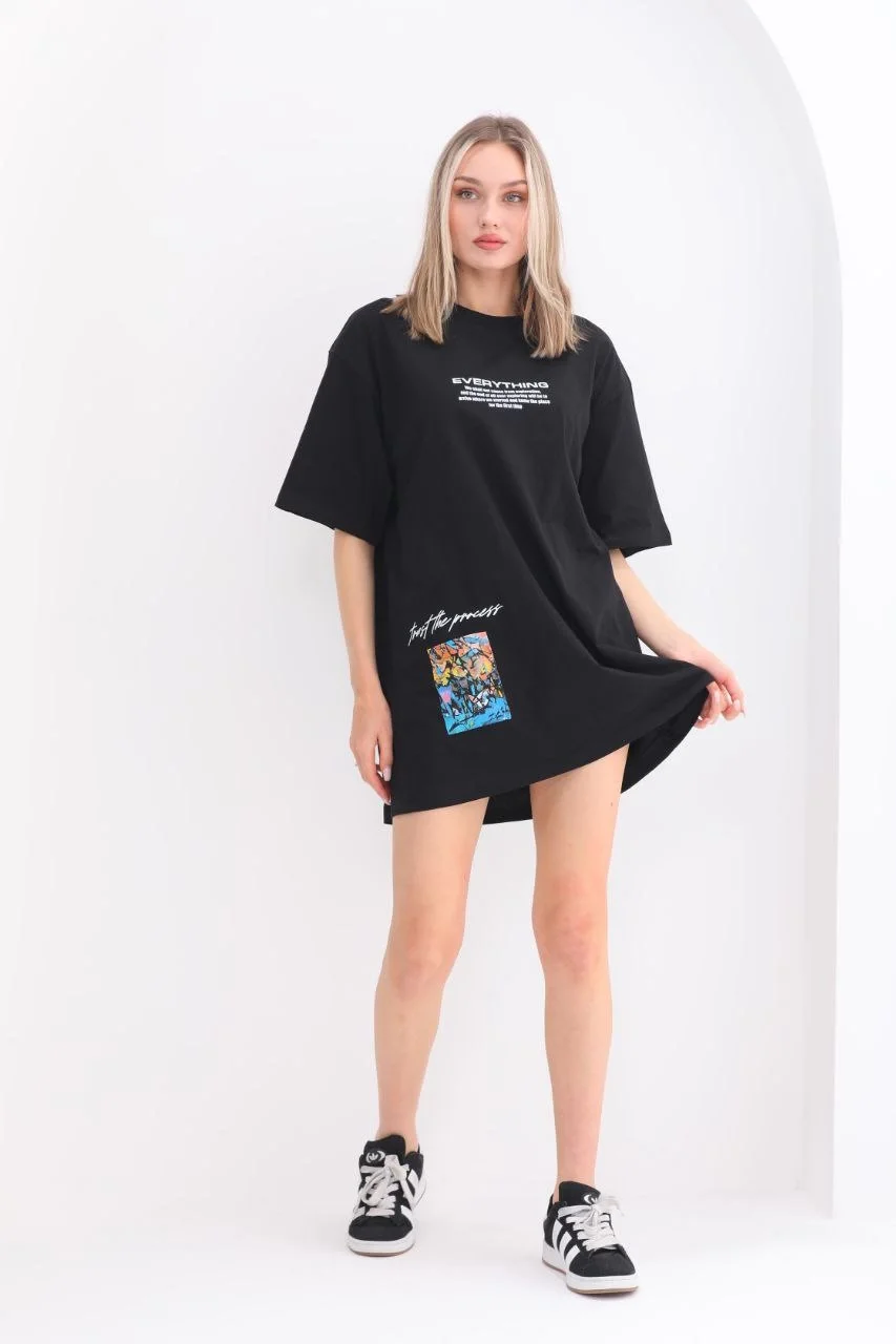 Unisex Bisiklet Yaka Baskılı Oversize T-Shirt - Siyah - Görsel 6