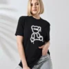 Unisex Kadın Bisiklet Yaka Baskılı T-Shirt - Siyah