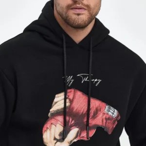 Alternative view of Unisex Kapüşonlu Üç İplik Oversize Baskılı Sweatshirt - Siyah