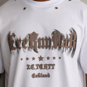 Unisex Kuşgözü Detaylı Baskılı Oversize T-Shirt - Beyaz