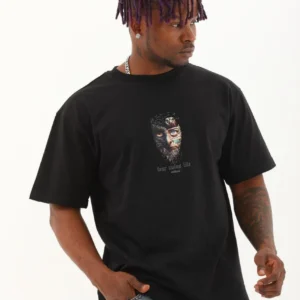 Alternative view of Unisex Oversize Baskılı Bisiklet Yaka T-Shirt - Siyah