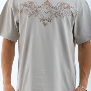 Unisex Oversize Taşlı Bisiklet Yaka T-Shirt - Gri