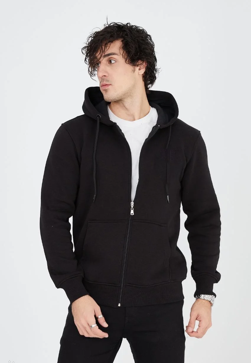 Unisex Tam Fermuarlı Kapşonlu SweatShirt - Siyah - Görsel 8