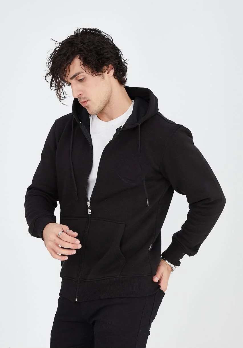 Unisex Tam Fermuarlı Kapşonlu SweatShirt - Siyah - Görsel 5