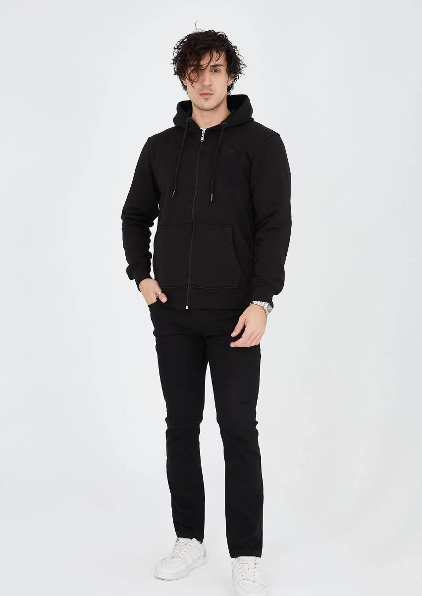 Unisex Tam Fermuarlı Kapşonlu SweatShirt - Siyah - Görsel 3
