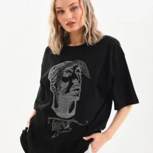Unisex Taş Desenli Oversize T-Shirt - Siyah