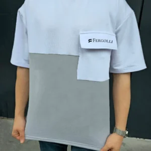 Unisex Torba Cep Detaylı  Parçalı T-Shirt - Gri