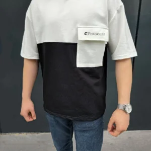 Unisex Torba Cep Detaylı  Parçalı T-Shirt - Siyah