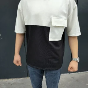 Alternative view of Unisex Torba Cep Detaylı Parçalı T-Shirt - Siyah