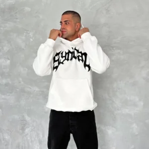 Unisex Üç İplik Kapüşonlu Baskılı SweatShirt - Beyaz