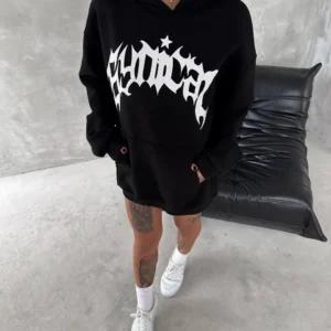 Unisex Üç İplik Kapüşonlu Baskılı SweatShirt - Siyah
