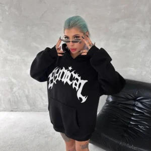 Alternative view of Unisex Üç İplik Kapüşonlu Baskılı SweatShirt - Siyah