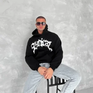 Alternative view of Unisex Üç İplik Kapüşonlu Baskılı SweatShirt - Siyah