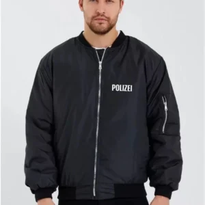 Erkek Siyah Bomber Mont – POLIZEI Yazılı, Fermuarlı Cepli, Kapitone Astarlı, Su İtici Kumaş Şık Günlük Ceket- Siyah