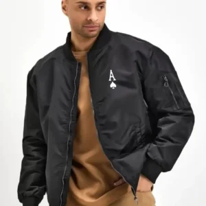 Alternative view of Erkek Bomber Mont – Siyah Renk, Maça Ası Baskılı, Fermuarlı, Cepli, Kapitone Astarlı, Bahar Kış Günlük Mont Ceket - Siyah