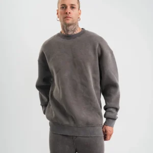 Unisex Uzun Kol Bisiklet Yaka Yıkamalı SweatShirt - Füme