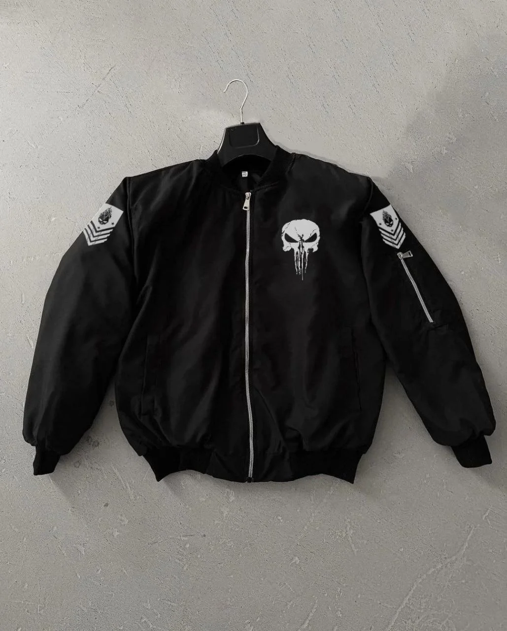 Siyah Askeri Tarz Bomber Mont – Unisex, Punisher Skull Detaylı, Fermuarlı, Cepli, Uzun Kollu, Bahar ve Kış Günlük Moda İçin Uygun - Siyah - Görsel 2