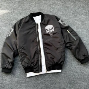 Siyah Askeri Tarz Bomber Mont – Unisex, Punisher Skull Detaylı, Fermuarlı, Cepli, Uzun Kollu, Bahar ve Kış Günlük Moda İçin Uygun - Siyah