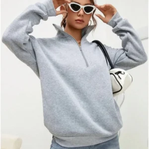 Alternative view of Unisex Uzun Kol Yarım Farmuarlı Yakalı Basic SweatShirt - Gri