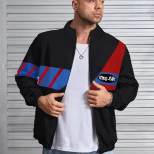 Unisex Uzun Koll Fermuarlı Baskılı Rüzgarlik - Siyah