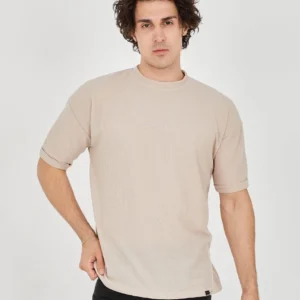 Alternative view of Unisex Waffle Kumaş Rahat Kol T-Shirt - Bej