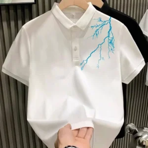 Unisex Yakası Düğmeli Oversize Baskılı T-Shirt - Beyaz