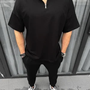 Unisex Yarım Fermuarlı Basic T-Shirt - Siyah