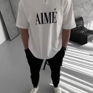 Alternative view of Unisex Yarım Fermuarlı Baskılı T-Shirt - Beyaz