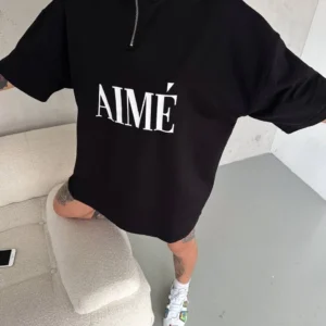 Alternative view of Unisex Yarım Fermuarlı Baskılı T-Shirt - Siyah