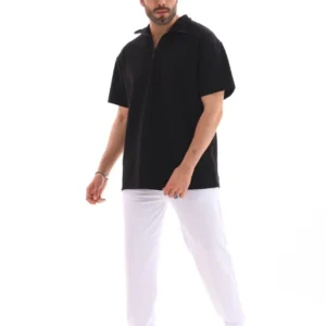 Alternative view of Unisex Yarım Fermuarlı Düz Oversize T-shirt - Siyah