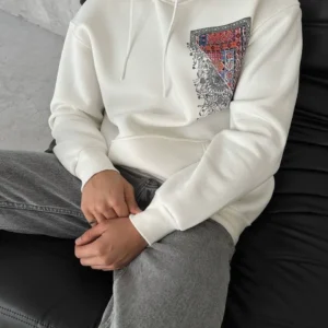 Alternative view of Uzun Kol Kapüşonlu Ön Ve Arka Baskılı SweatShirt - Beyaz