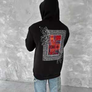 Alternative view of Uzun Kol Kapüşonlu Ön Ve Arka Baskılı SweatShirt - Siyah